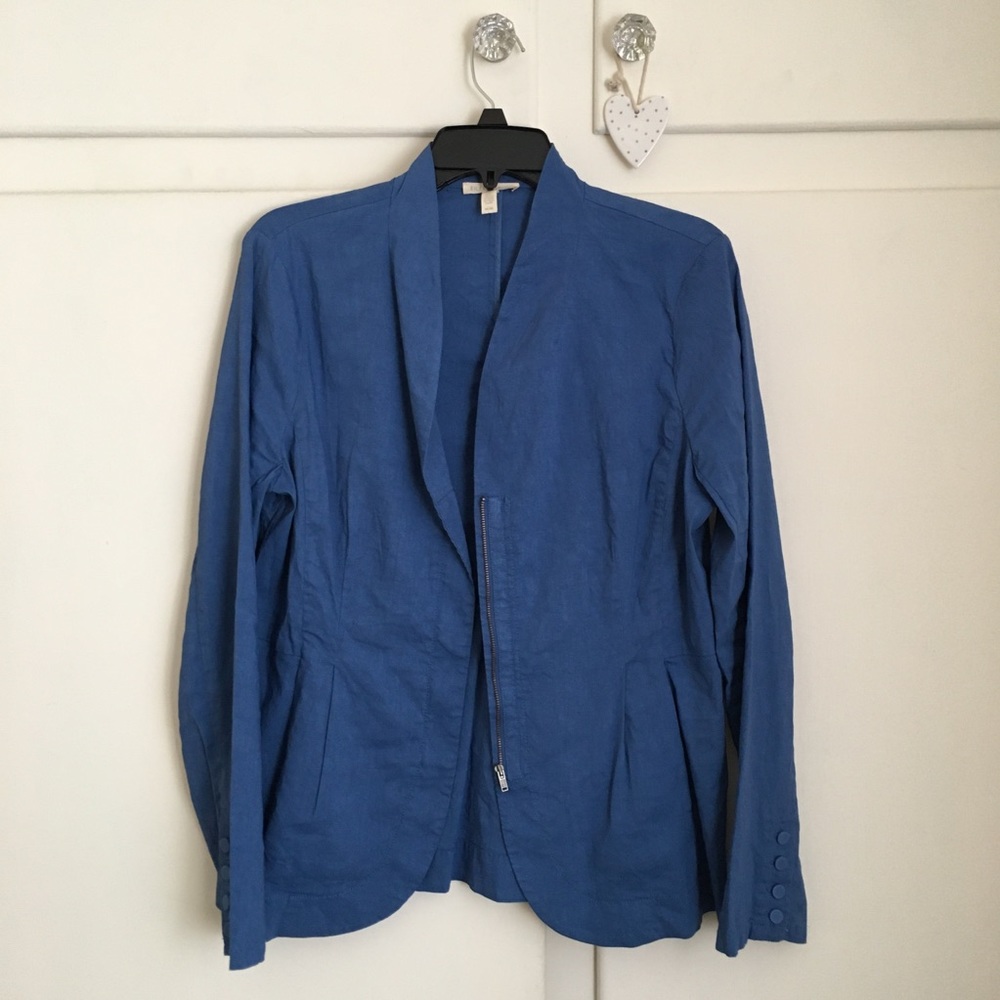 Eileen Fisher Blue Linen Jacket Blazer Zipper M